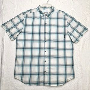 Columbia Blue Aqua Beige Plaid short sleeve shirt
Mens large